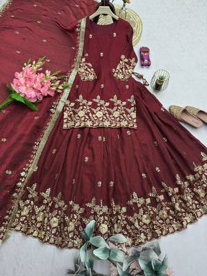 Maroon Heavy Embroidery Sequins Work Lehenga Set 4