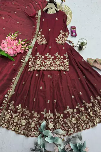 Maroon Heavy Embroidery Sequins Work Lehenga Set