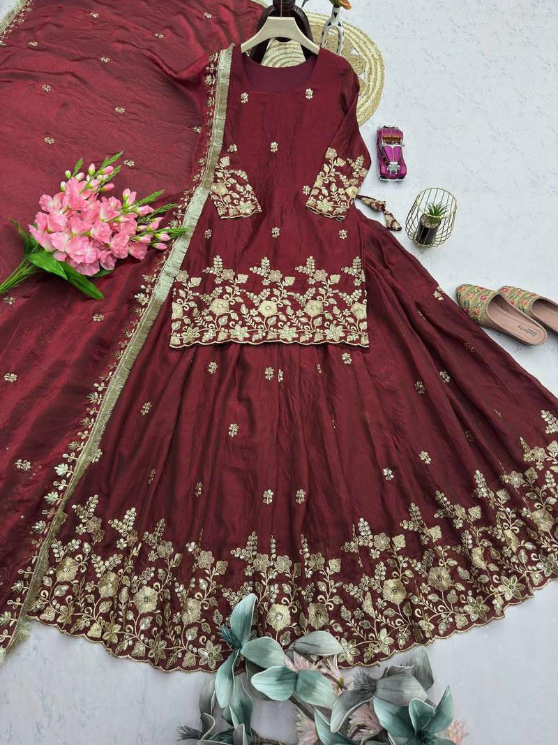 Maroon Heavy Embroidery Sequins Work Lehenga  Set
