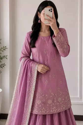Pink Heavy Embroidery Sequins Work Kurta Set