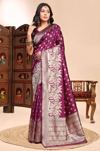 magenta lichi silk blend zari weaving saree with blouse