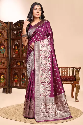 magenta lichi silk blend zari weaving saree with blouse