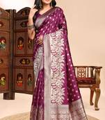 Magenta lichi silk zari weaving saree with blouse