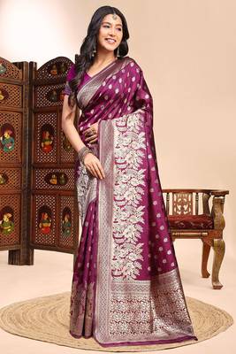 magenta lichi silk blend zari weaving saree with blouse 2