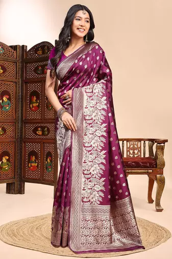 magenta lichi silk blend zari weaving saree with blouse
