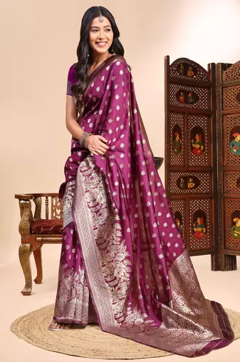 magenta lichi silk blend zari weaving saree with blouse