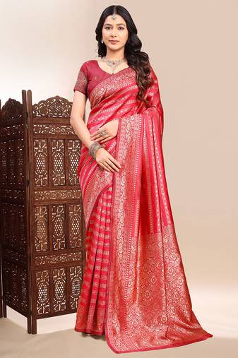 Red lichi silk zari weaving saree with blouse