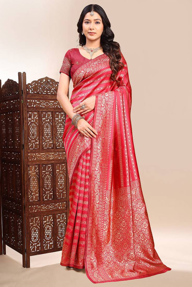 Red lichi silk zari weaving saree with blouse