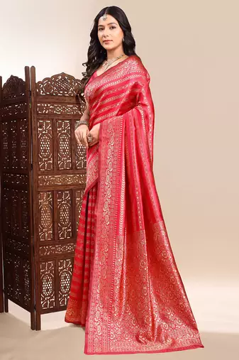 red lichi silk blend zari weaving saree with blouse
