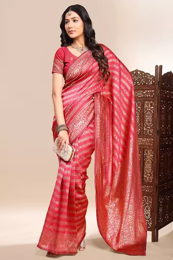 red lichi silk blend zari weaving saree with blouse