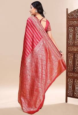 red lichi silk blend zari weaving saree with blouse 4