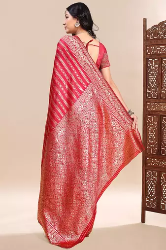red lichi silk blend zari weaving saree with blouse