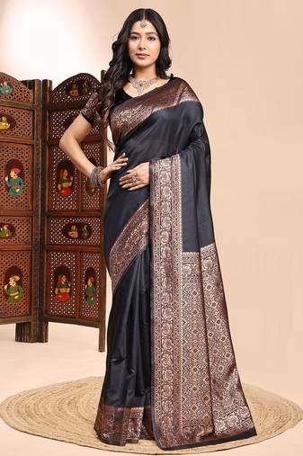 Black lichi silk zari weaving saree with blouse