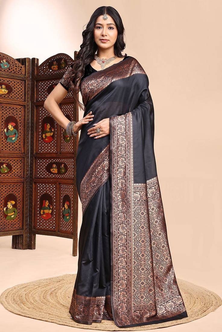 Black lichi silk zari weaving saree with blouse