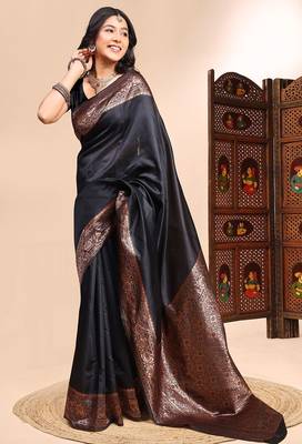 black lichi silk blend zari weaving saree with blouse 2