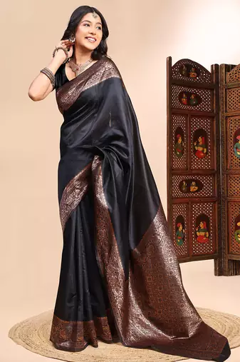 black lichi silk blend zari weaving saree with blouse