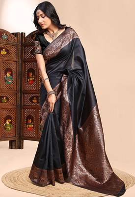 black lichi silk blend zari weaving saree with blouse 3