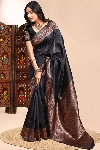 black lichi silk blend zari weaving saree with blouse