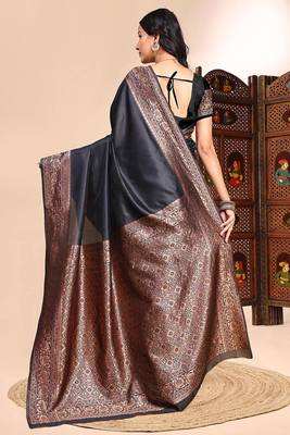 black lichi silk blend zari weaving saree with blouse 4
