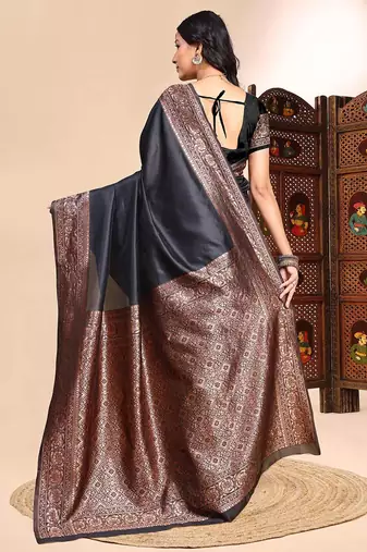 black lichi silk blend zari weaving saree with blouse