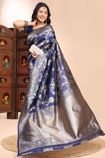 Navy blue lichi silk zari weaving saree with blouse