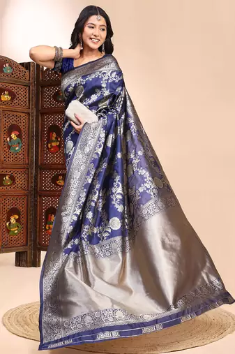 navy blue lichi silk blend zari weaving saree with blouse