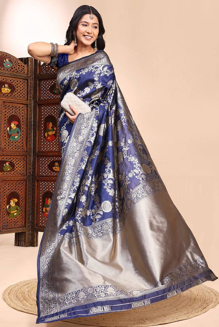 Navy blue lichi silk zari weaving saree with blouse