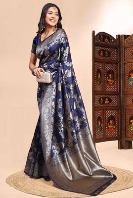 navy blue lichi silk blend zari weaving saree with blouse 2