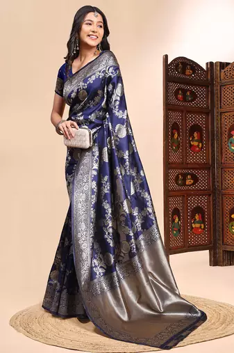 navy blue lichi silk blend zari weaving saree with blouse
