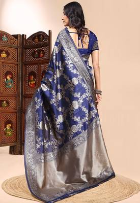 navy blue lichi silk blend zari weaving saree with blouse 3