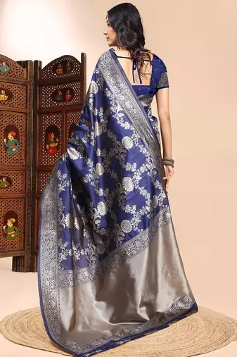 navy blue lichi silk blend zari weaving saree with blouse