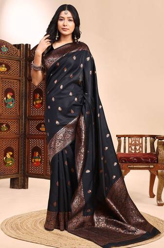 Black lichi silk zari weaving saree with blouse