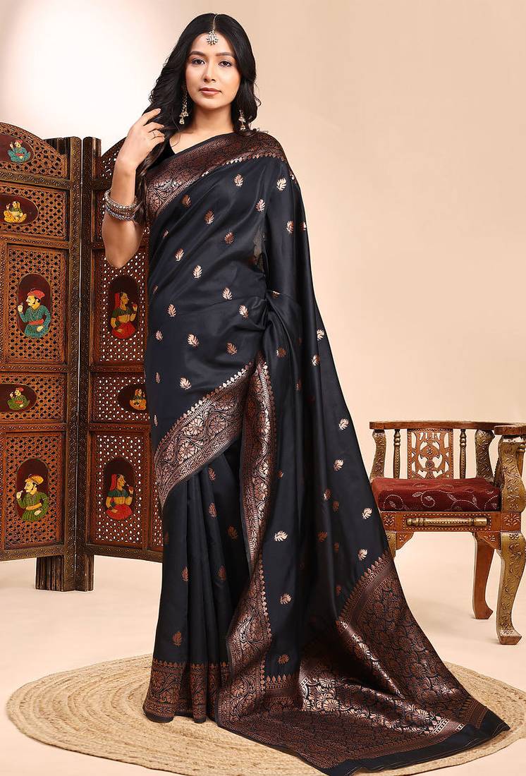 Black lichi silk zari weaving saree with blouse