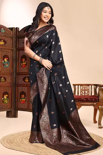 black lichi silk blend zari weaving saree with blouse