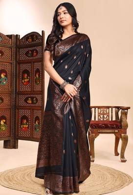 black lichi silk blend zari weaving saree with blouse 3