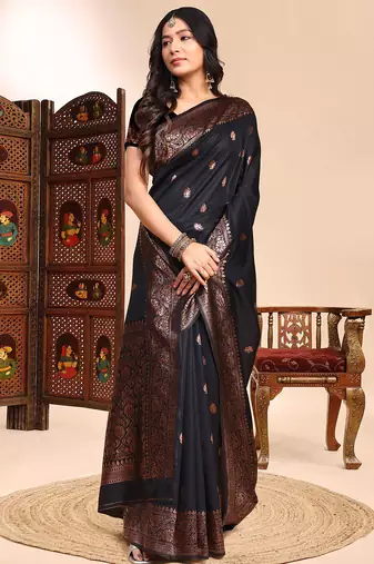 black lichi silk blend zari weaving saree with blouse
