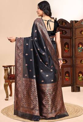 black lichi silk blend zari weaving saree with blouse 4