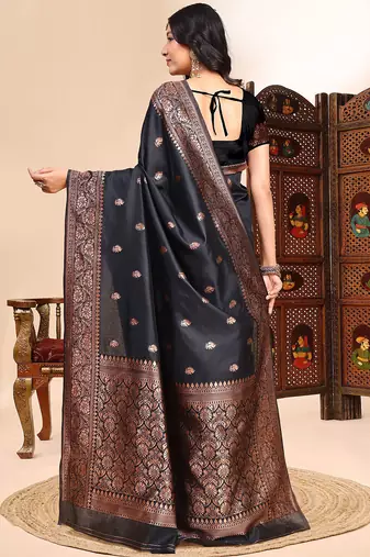 black lichi silk blend zari weaving saree with blouse