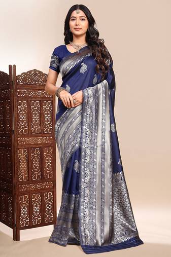 navy blue lichi silk blend zari weaving saree with blouse