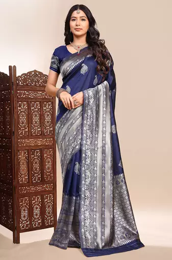 navy blue lichi silk blend zari weaving saree with blouse