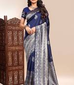 Navy blue lichi silk zari weaving saree with blouse