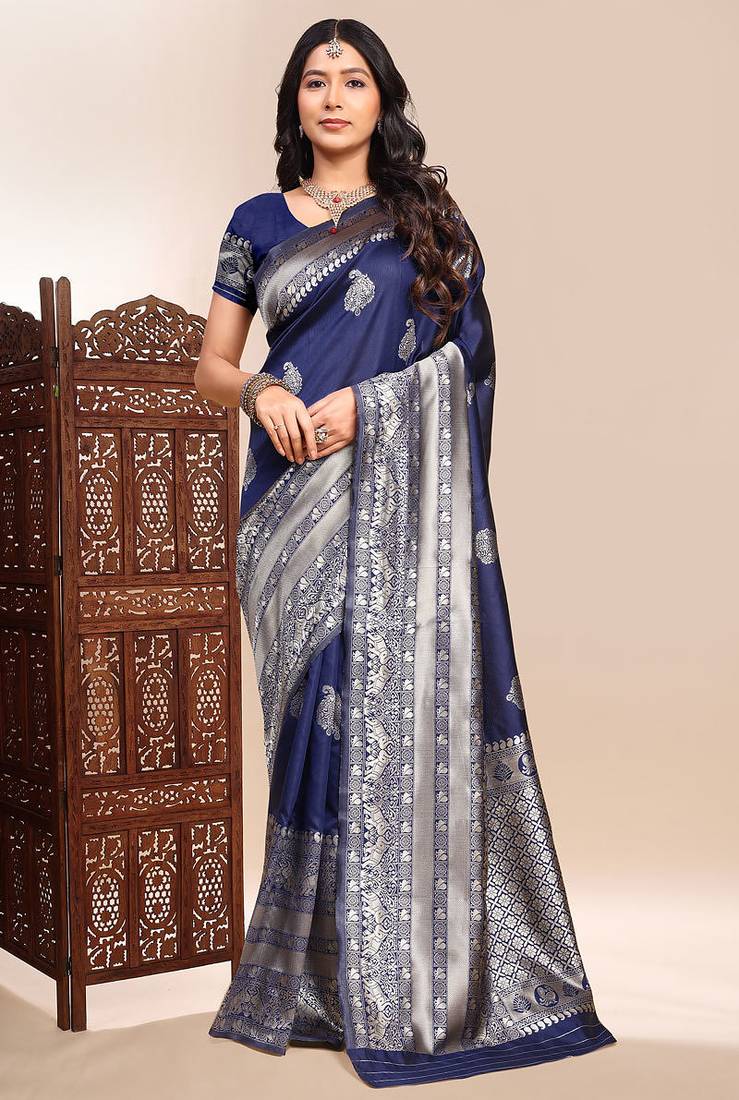 Navy blue lichi silk zari weaving saree with blouse