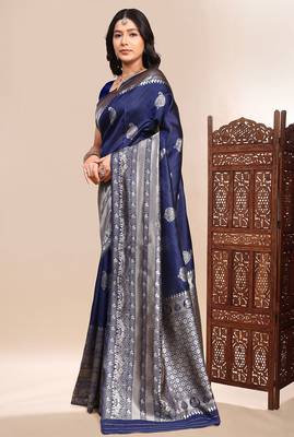 navy blue lichi silk blend zari weaving saree with blouse 2