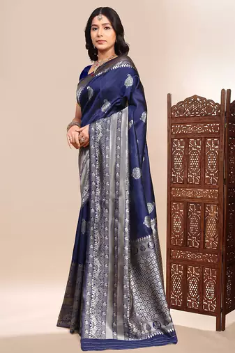 navy blue lichi silk blend zari weaving saree with blouse