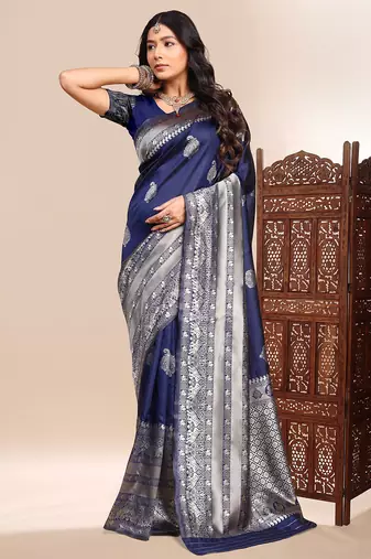 navy blue lichi silk blend zari weaving saree with blouse