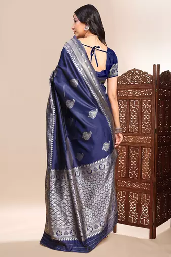 navy blue lichi silk blend zari weaving saree with blouse