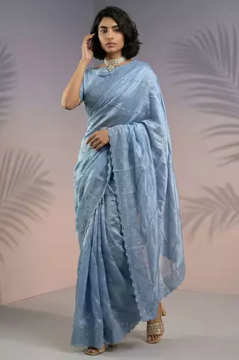 sky blue rasberry silk blend thread embroidery with sequins work saree with blouse