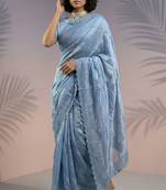 Sky blue rasberry silk thread embroidery with sequins work saree with blouse