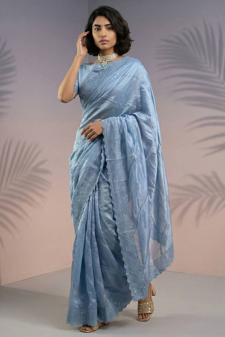Sky blue rasberry silk thread embroidery with sequins work saree with blouse