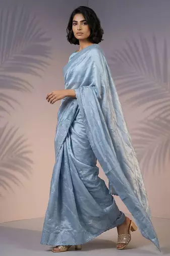 sky blue rasberry silk blend thread embroidery with sequins work saree with blouse